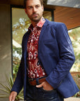 Men's Double Button Navy Faux-Suede Blazer