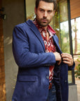 Men's Double Button Navy Faux-Suede Blazer
