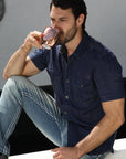 Mens Embroidery Modern Fit Stretch Short Sleeve Shirt