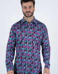 Purple Rings Print Satin Cotton/Spandex Long Sleeve Shirt