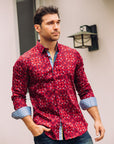 Small Print Satin Cotton/Spandex Long Sleeve Shirt