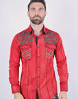 Mens Vintage Washed 2-tone Embroidery Modern Fit Stretch Shirt