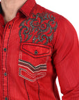 Mens Vintage Washed 2-tone Embroidery Modern Fit Stretch Shirt