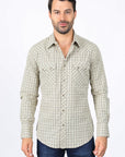Mens Western Checkered Khaki Long Sleeve Shirts