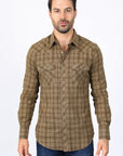 Mens Western Checkered Light Brown Long Sleeve Shirts