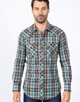 Mens Western Checkered Teal Long Sleeve Shirts