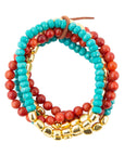 Mesa Blue Magnesite and Red Coral Golden Bracelet Set