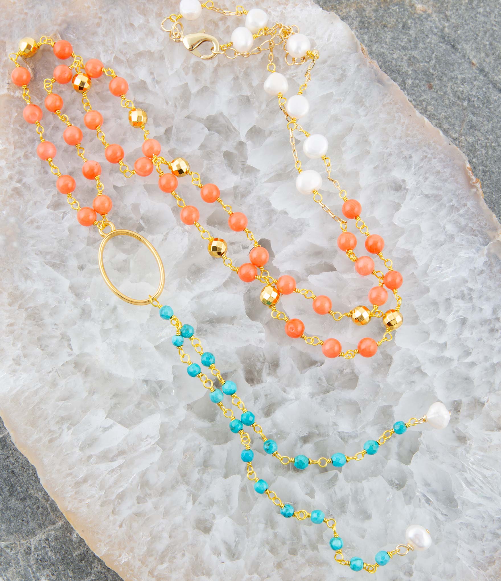 Multi Stone Orange Coral Golden Y-Neck