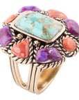 Blue Turquoise Colorful Floral Golden Ring