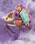 Blue Turquoise Colorful Floral Golden Ring