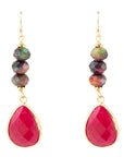 Jeweled Multicolor Tiger's Eye and Pink Agate Golden Drop Earrings