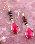 Jeweled Multicolor Tiger's Eye and Pink Agate Golden Drop Earrings