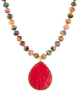 Jeweled Multicolor Tiger's Eye and Pink Jade Pendant Golden Necklace