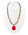 Jeweled Multicolor Tiger's Eye and Pink Jade Pendant Golden Necklace