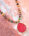 Jeweled Multicolor Tiger's Eye and Pink Jade Pendant Golden Necklace