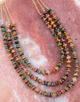 Jeweled Multi-Color Tiger's Eye Triple Strand Golden Necklace