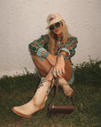 A4760 - WOMEN'S TURQUOISE OVERLAY EMBROIDERY AND STUDS SAND ROUND TOE COWBOY BOOT