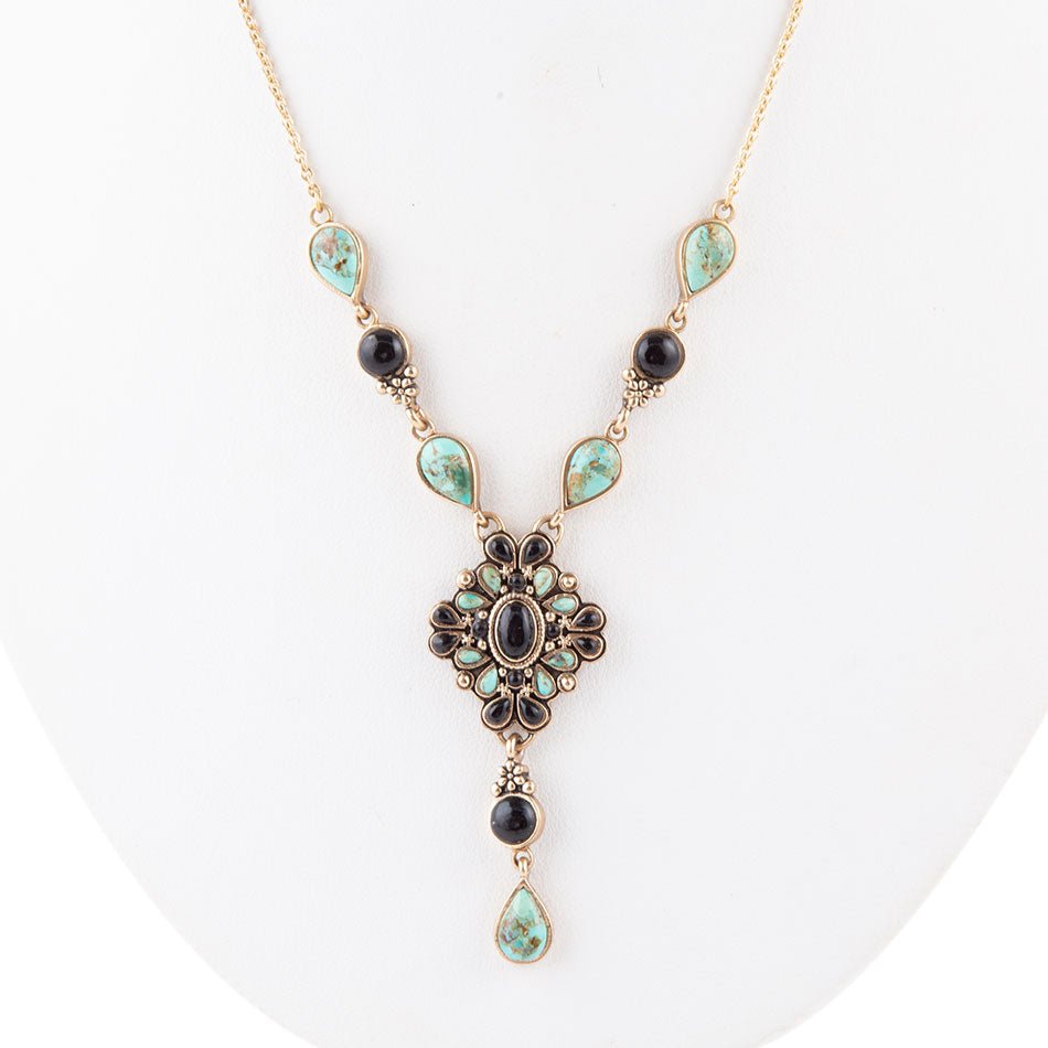 Barcelona Black Onyx and Blue Turquoise Golden Y-Necklace
