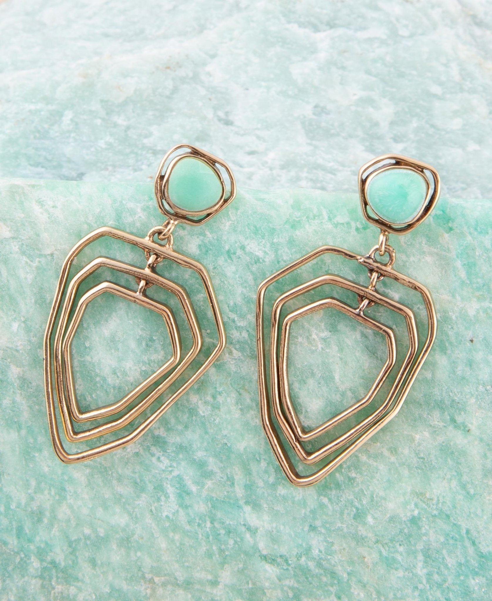 Organic Green Chrysoprase and Golden Bronze Drop Earrings