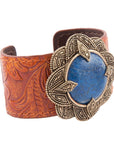 Ornate Blue Lapis Golden Leather Cuff Bracelet