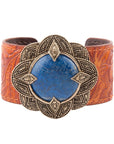 Ornate Blue Lapis Golden Leather Cuff Bracelet