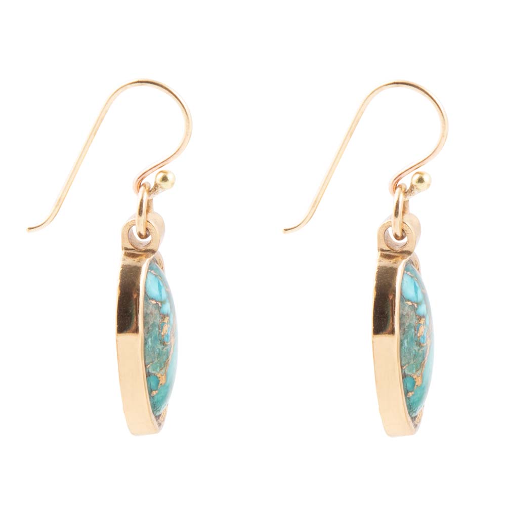 Oval Blue Turquoise Matrix Golden Drop Earrings