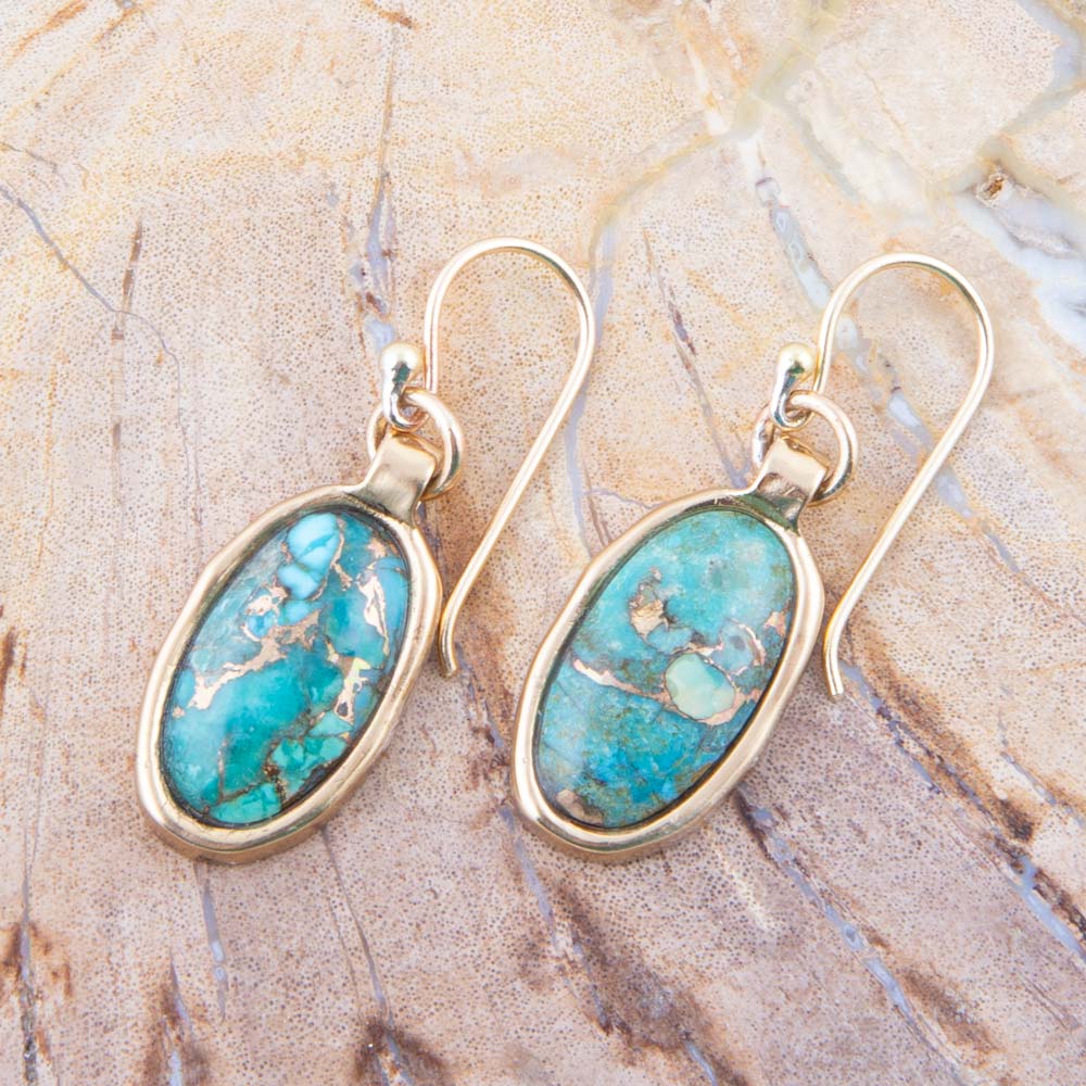 Oval Blue Turquoise Matrix Golden Drop Earrings