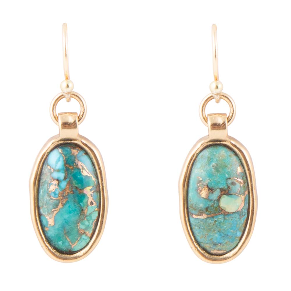 Oval Blue Turquoise Matrix Golden Drop Earrings