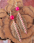 Peony Fuchsia Pink Jade Feather Drop Earrings