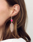 Peony Fuchsia Pink Jade Feather Drop Earrings