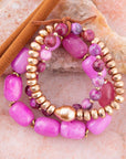 Peony Fuchsia Pink Jade Golden Stretch Bracelet Set