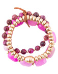 Peony Fuchsia Pink Jade Golden Stretch Bracelet Set