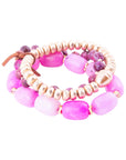 Peony Fuchsia Pink Jade Golden Stretch Bracelet Set