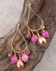 Peony Fuchsia Pink Jade Golden Drop Earrings