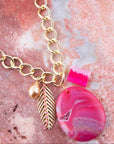 Peony Fuschsia Pink Agate Golden Charm Necklace