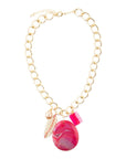 Peony Fuschsia Pink Agate Golden Charm Necklace
