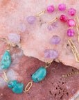 Purple Periwinkle Amethyst and Blue Turquoise Long Golden Necklace