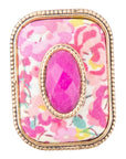 Pink Agate Stacked Stone Floral Golden Statement Ring
