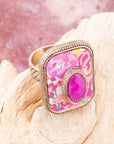 Pink Agate Stacked Stone Floral Golden Statement Ring
