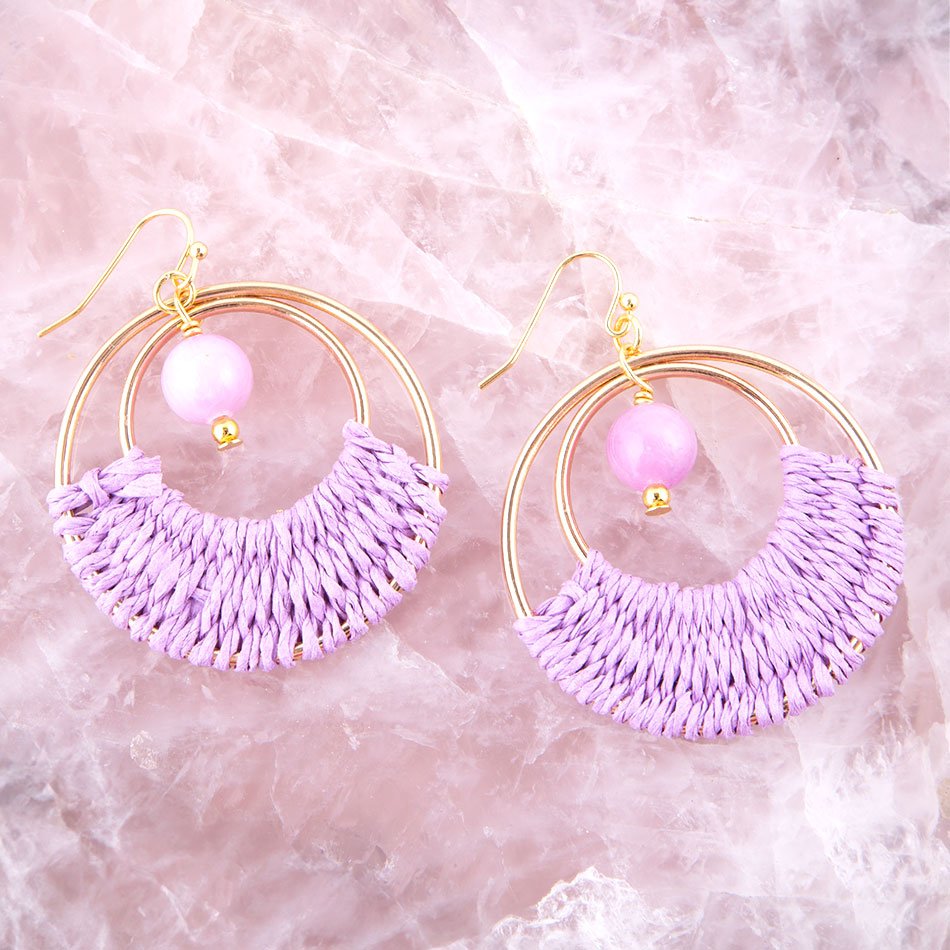 Pink Lilac Jade and Golden Woven Earrings