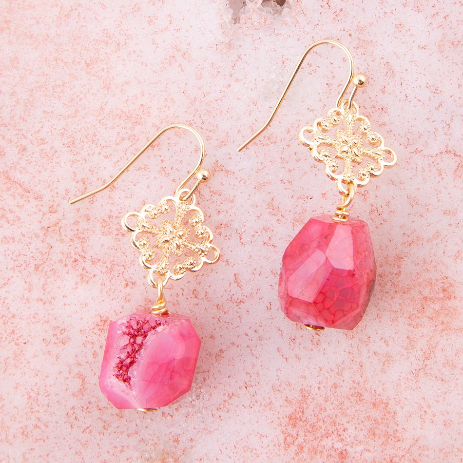 Pink Magenta Dreams Agate Golden Drop Earrings