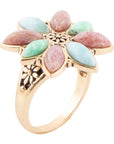 Pink Rhodonite Blue Amazonite and Green Varacite Petals Golden Statement Ring