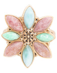 Pink Rhodonite Blue Amazonite and Green Varacite Petals Golden Statement Ring