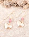 Pink Rhodonite and Golden Bronze Heart Charm Earrings