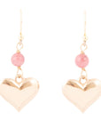 Pink Rhodonite and Golden Bronze Heart Charm Earrings