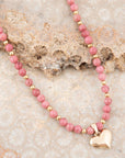 Pink Rhodonite and Golden Bronze Heart Pendant Necklace