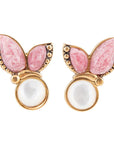 Pink Rhodonite and White Mother of Pearl Golden Butterflies Post Earrings