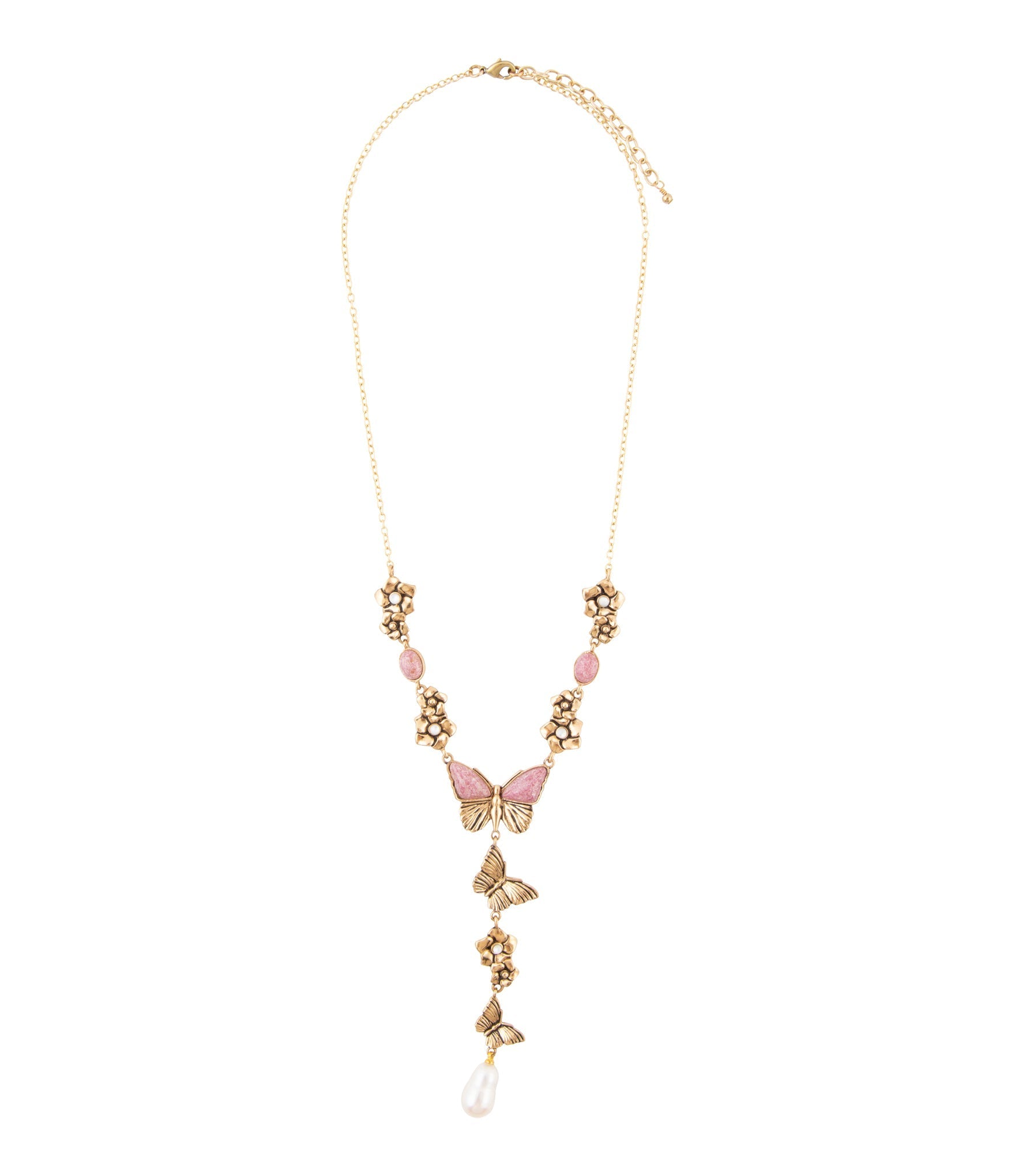 Pink Rhodonite and White Pearl Golden Butterflies Y Necklace