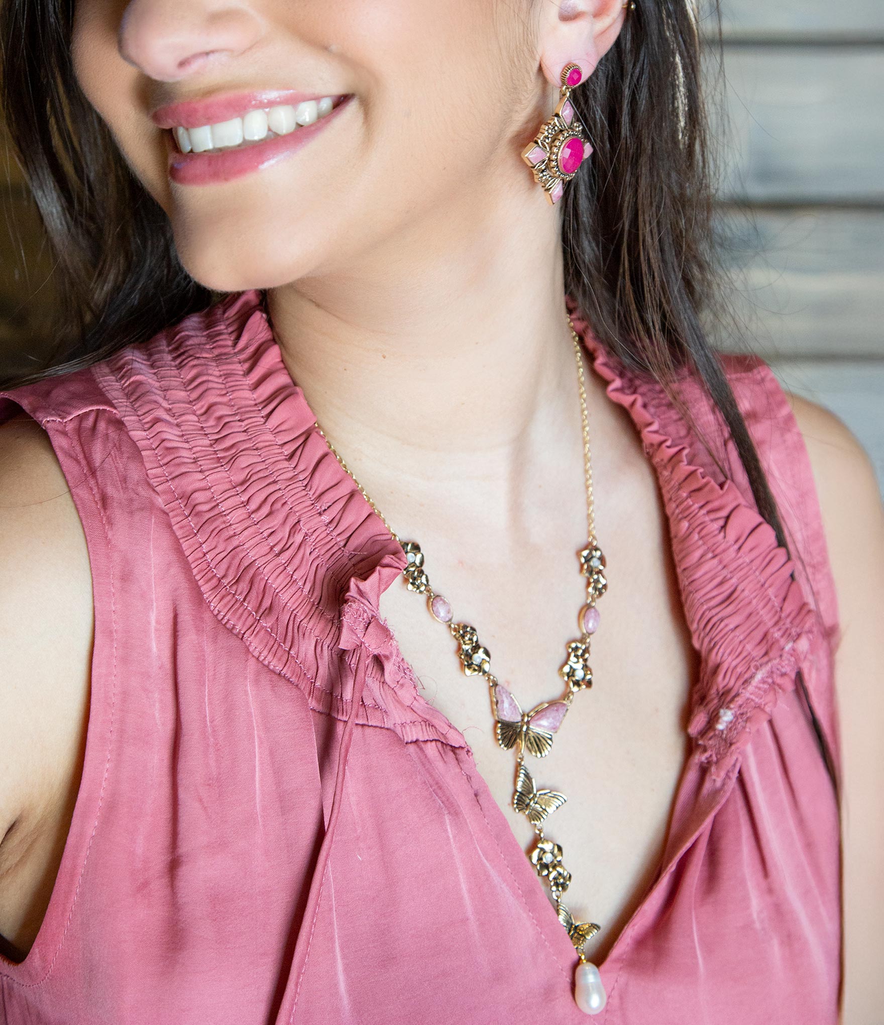 Pink Rhodonite and White Pearl Golden Butterflies Y Necklace