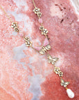 Pink Rhodonite and White Pearl Golden Butterflies Y Necklace